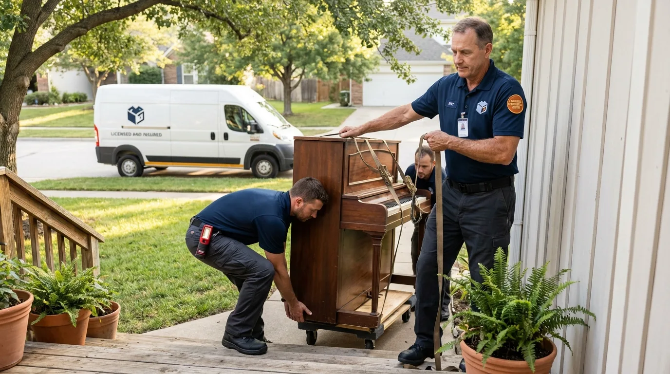 Licensed piano movers securing grand piano in Southampton, MA