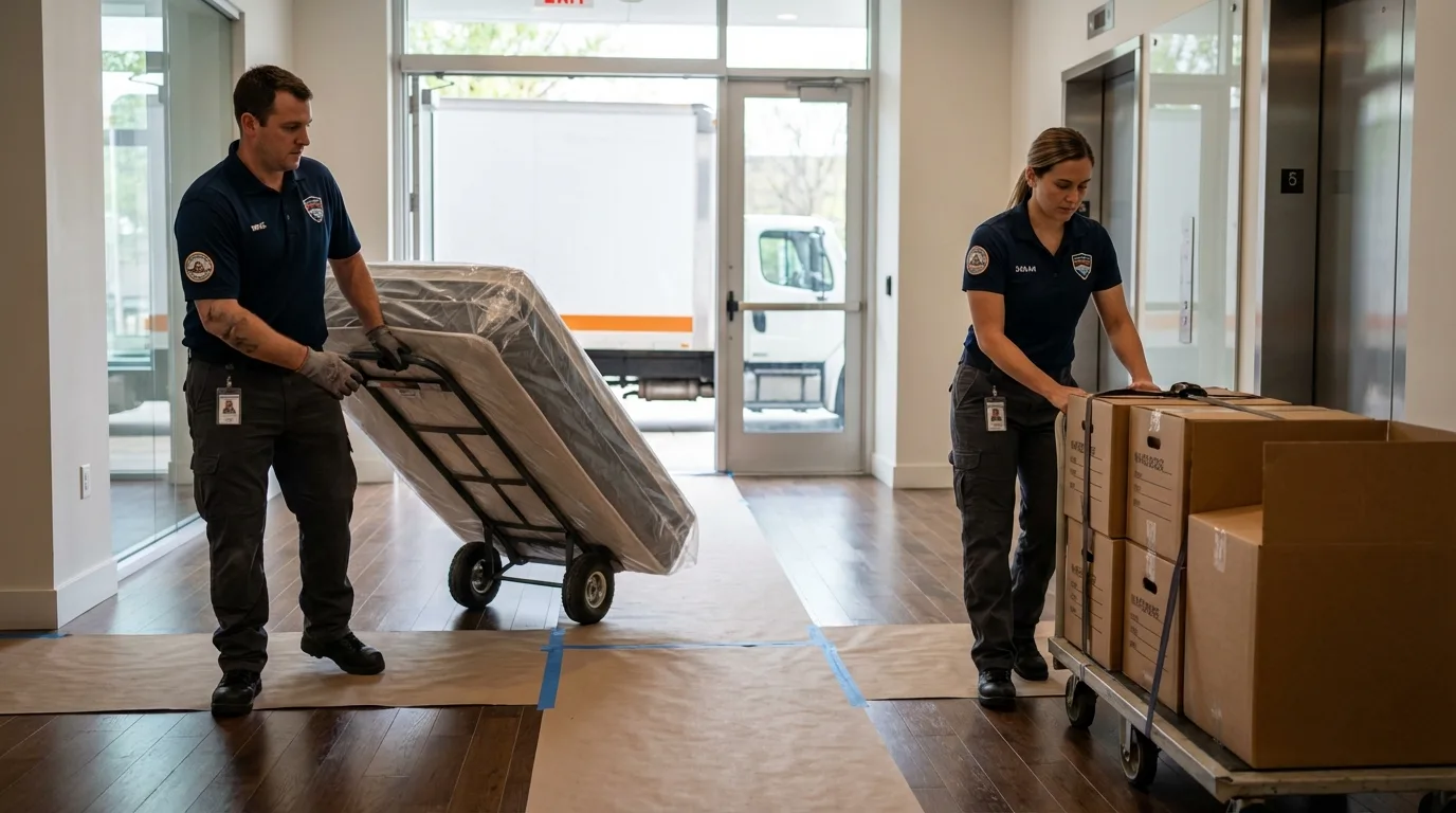 Professional apartment movers loading elevator in Southampton, MA
